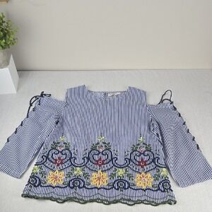 Miss Kelly 1999 Blue White‎ Striped Cold Shoulder Embroidered Top Medium Cotton